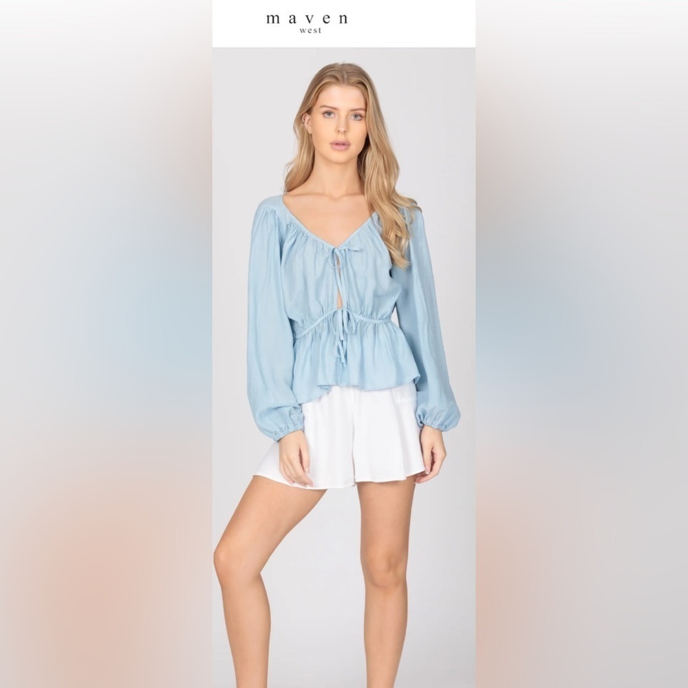 Maven West Blue Tie Front Peplum Blouse